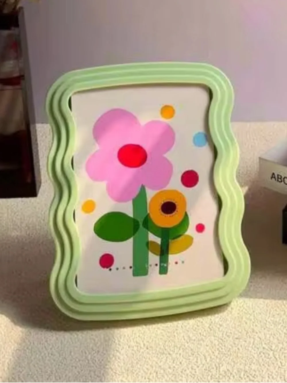 Green Wavy Photo Frame with Pink Flower Design